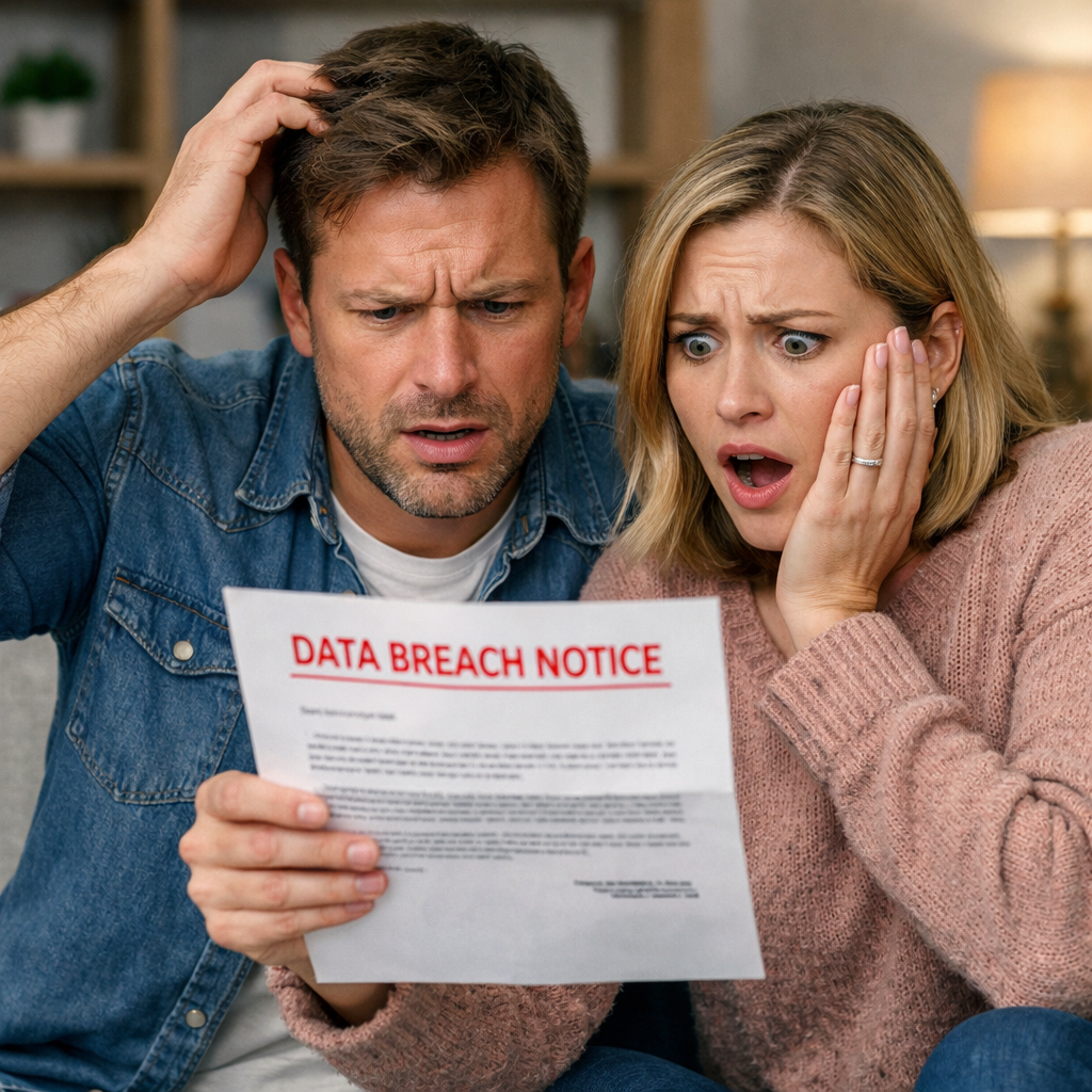 Very confused couple seeing a data breach notification letter